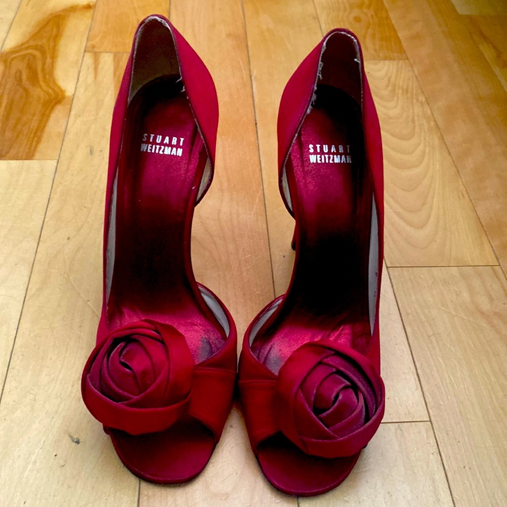 Stuart Weitzman Red Satin Peep-Toe Heels with Rosette Accent